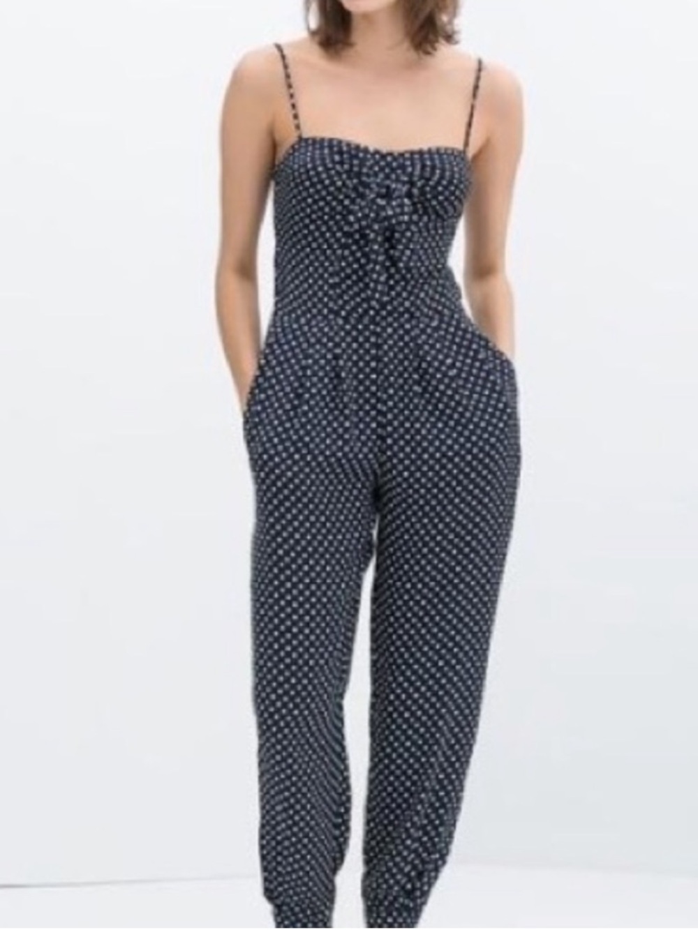 Zara Polka Dot Spaghetti Strap Jumpsuit in Navy w/ white Dots Casual Nautical-L